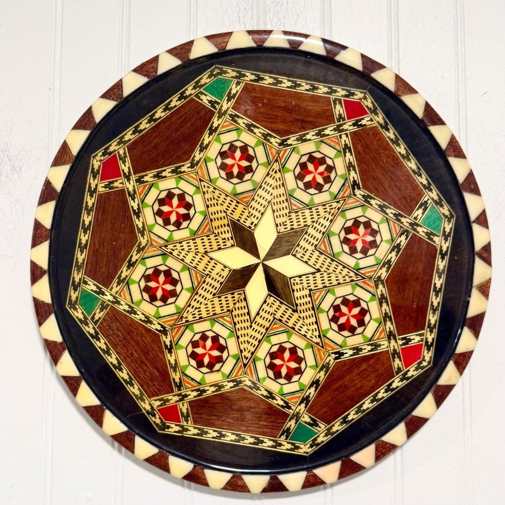 Vintage Taracea Inlaid Wood Geometric Star Mosaic Wall Plaque 9.5"